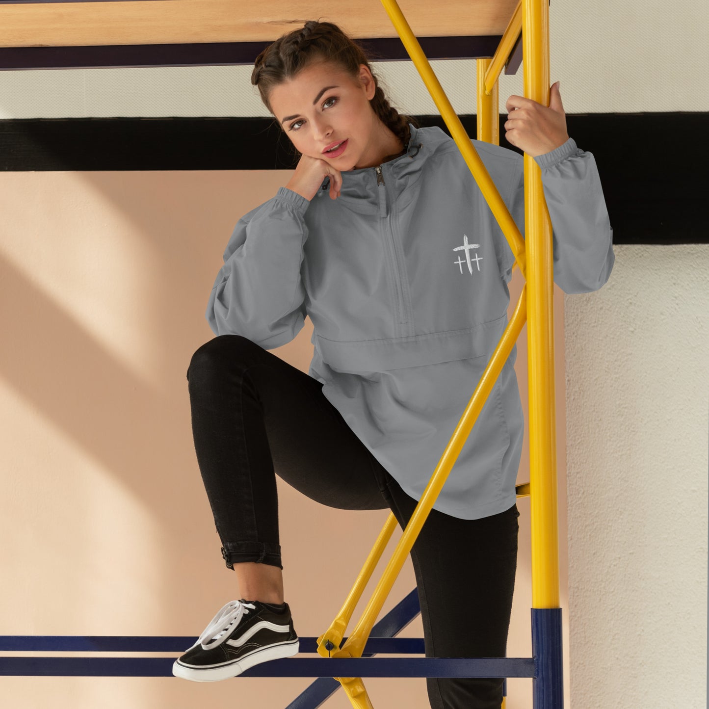 An Angel Feathers Original - Three Crosses- Embroidered Champion Packable Jacket