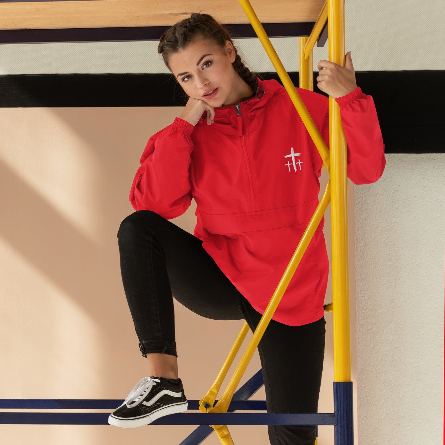 An Angel Feathers Original - Three Crosses- Embroidered Champion Packable Jacket