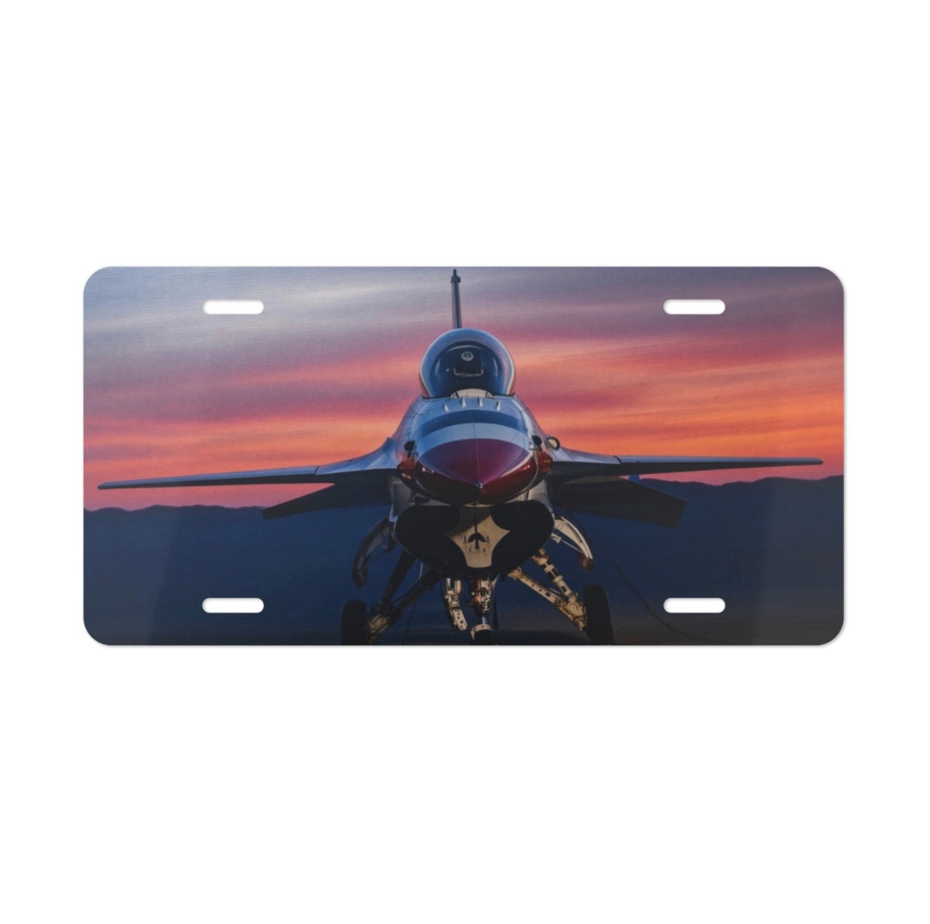 Patriotic Fighter Jet Vanity Plate — Aviation Sunset License Tag for Veterans & Pilots
