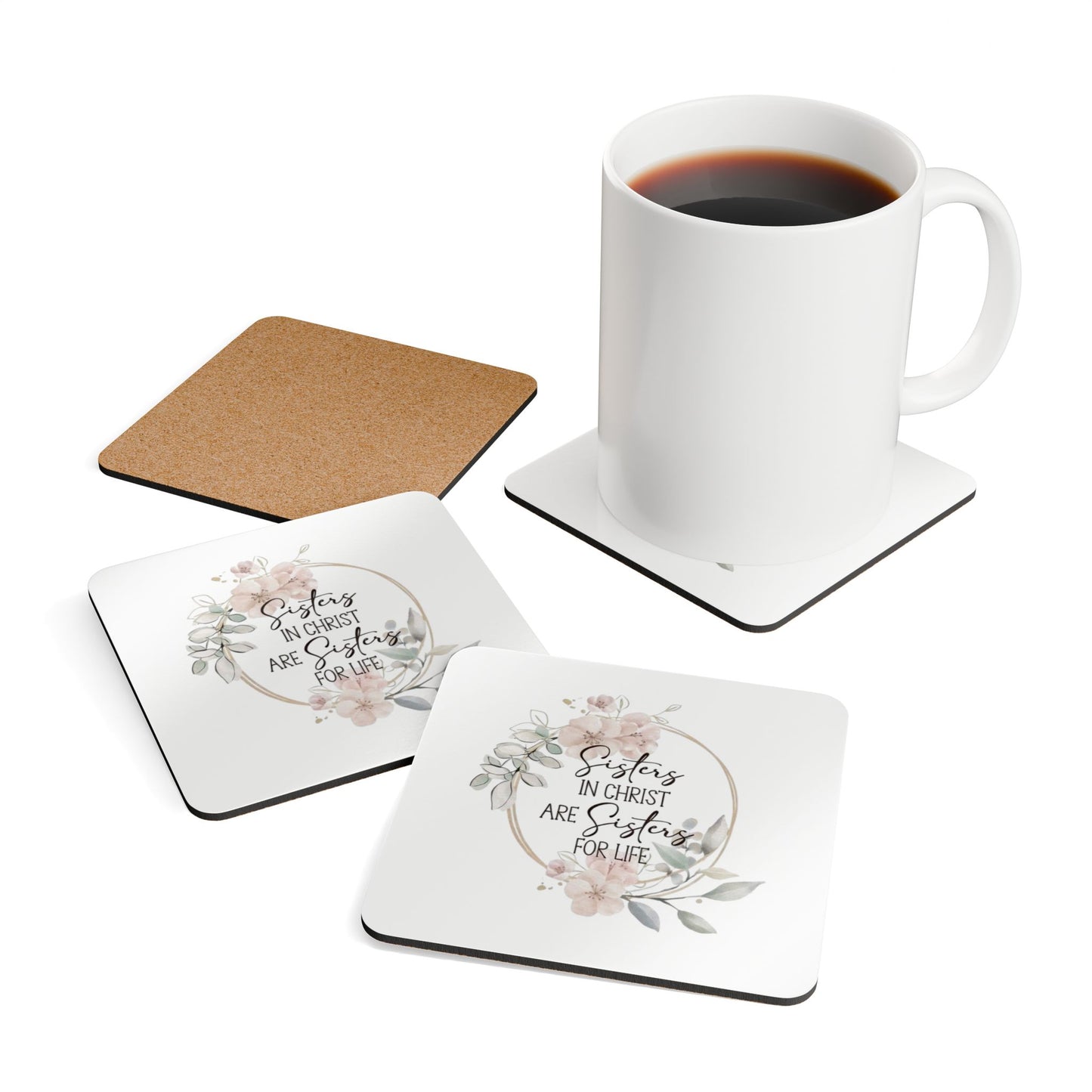 Sisters in Christ Coaster Set — Floral Faith-Inspired Cork Coasters