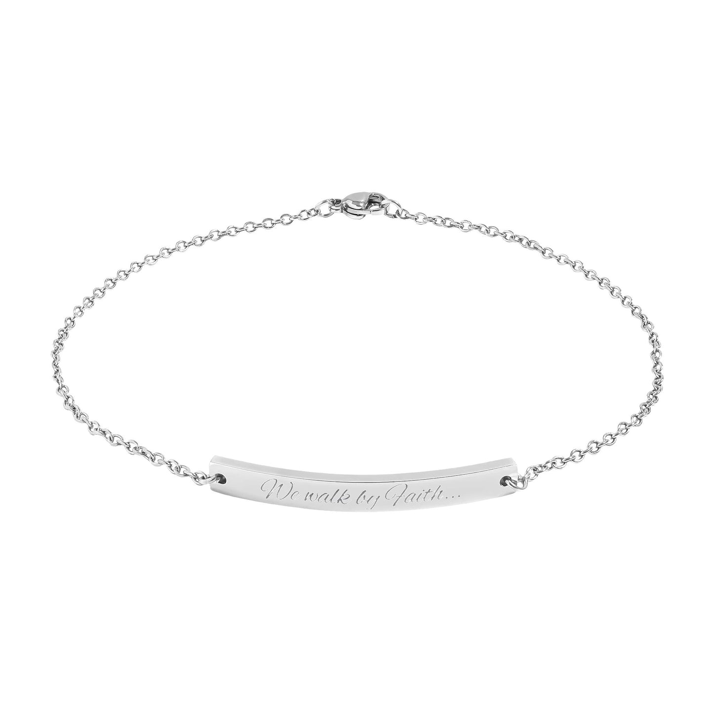 Engraved Anklet 'We Walk by Faith, Not by Sight' Anklet — Curved Bar Bible Verse Jewelry