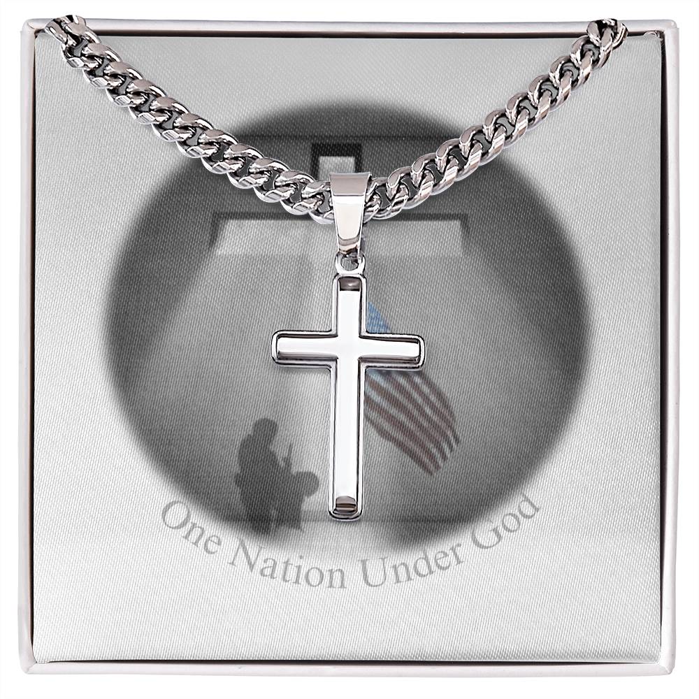 Our Hero's Collection - "One Nation Under God" artisan cross necklace with Cuban Chain