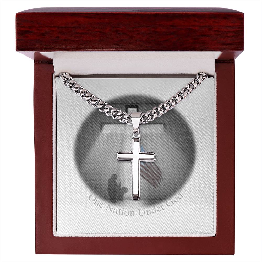 Our Hero's Collection - "One Nation Under God" artisan cross necklace with Cuban Chain