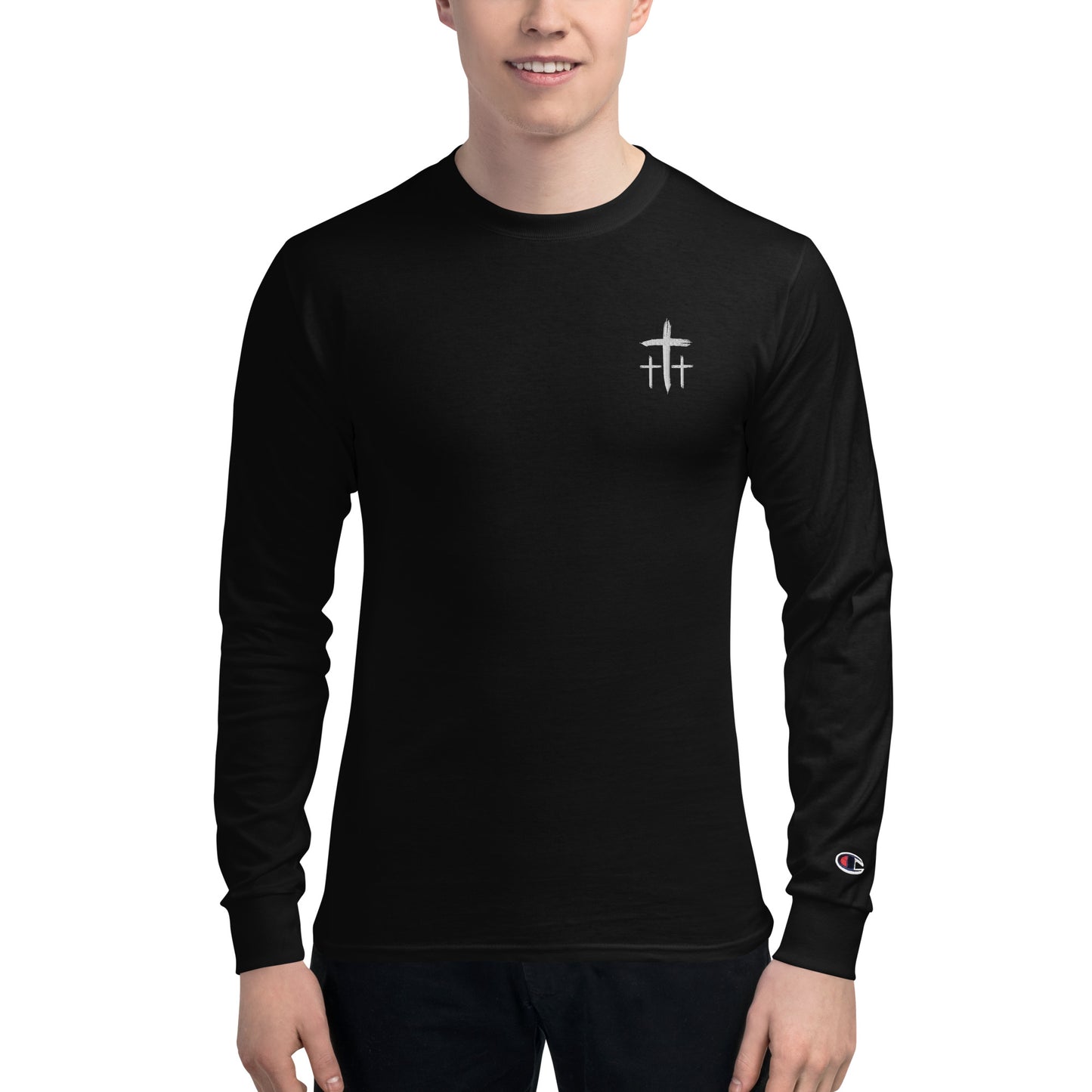 An Angel Feathers Original - Three Crosses- Men's Champion Long Sleeve Shirt