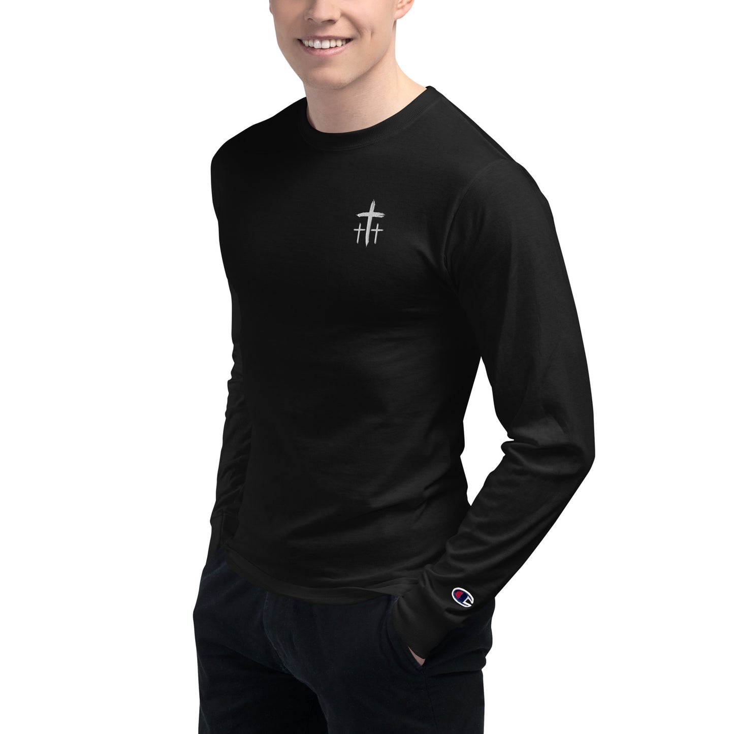 An Angel Feathers Original - Three Crosses- Men's Champion Long Sleeve Shirt