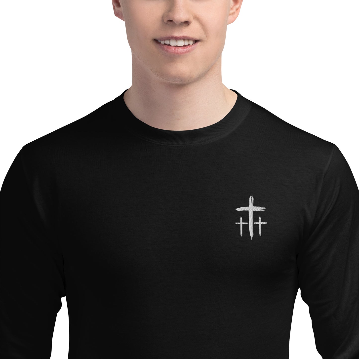 An Angel Feathers Original - Three Crosses- Men's Champion Long Sleeve Shirt