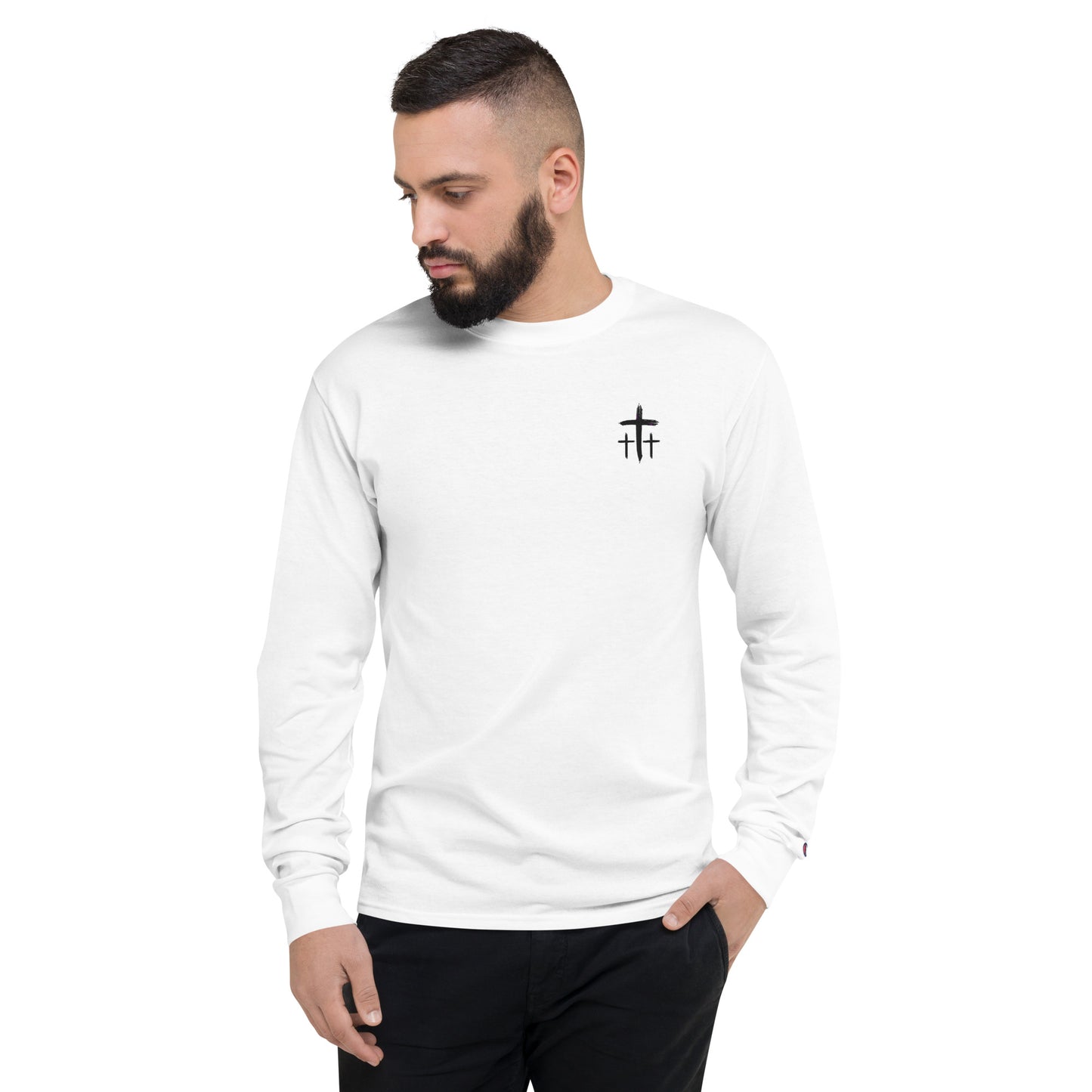 An Angel Feathers Original - Three Crosses- Men's Champion Long Sleeve Shirt