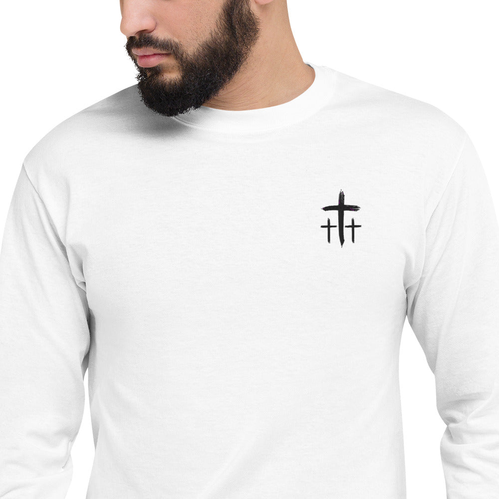 An Angel Feathers Original - Three Crosses- Men's Champion Long Sleeve Shirt